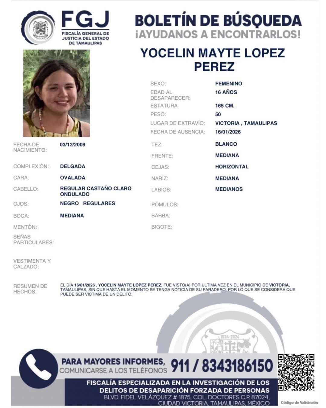Piden ayuda para localizar a Yocelin Mayte López Pérez