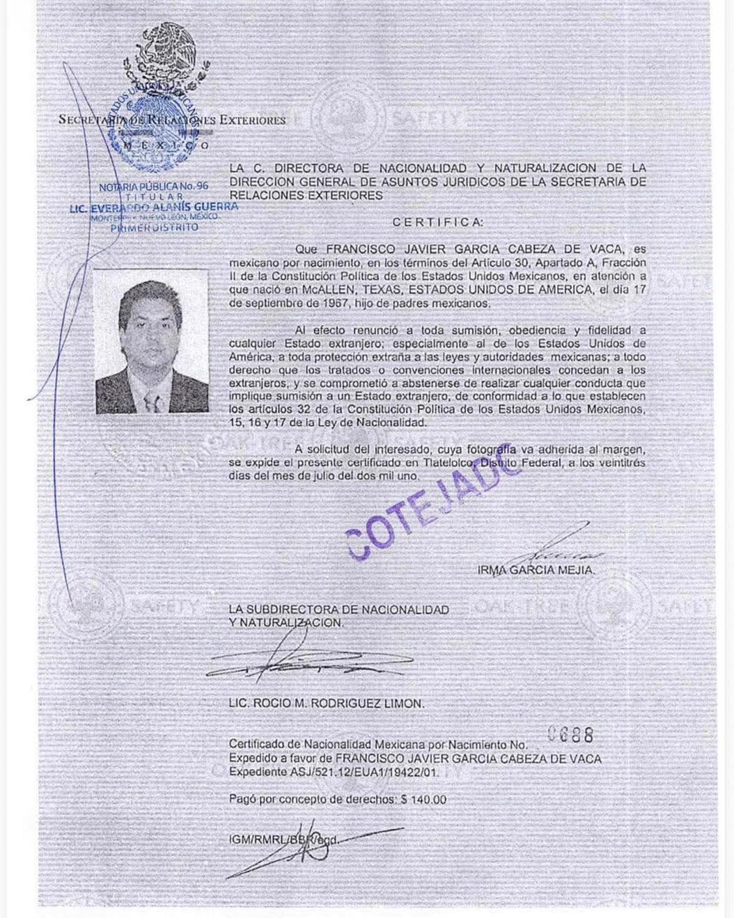 Cabeza de Vaca ya no es ciudadano americano: Prieto Herrera