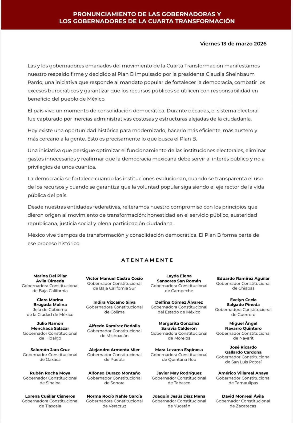 Gobernadores de Morena respaldan el “Plan B” electoral de Claudia Sheinbaum