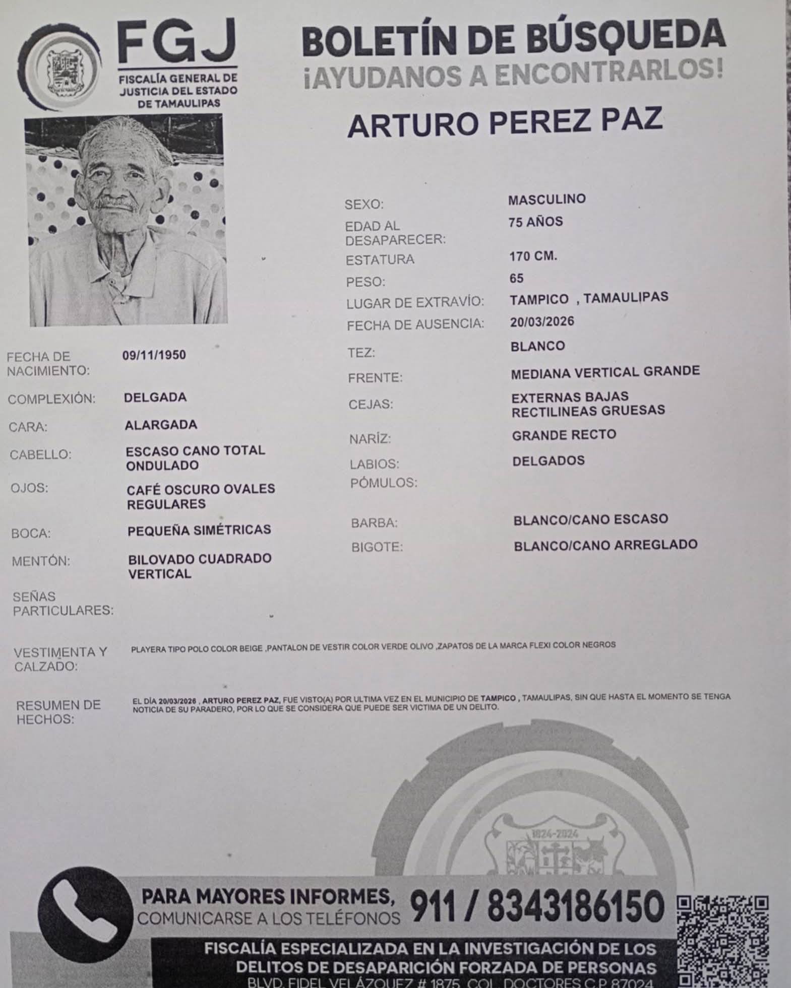 Buscan a adulto mayor desaparecido en Tampico; piden apoyo ciudadano