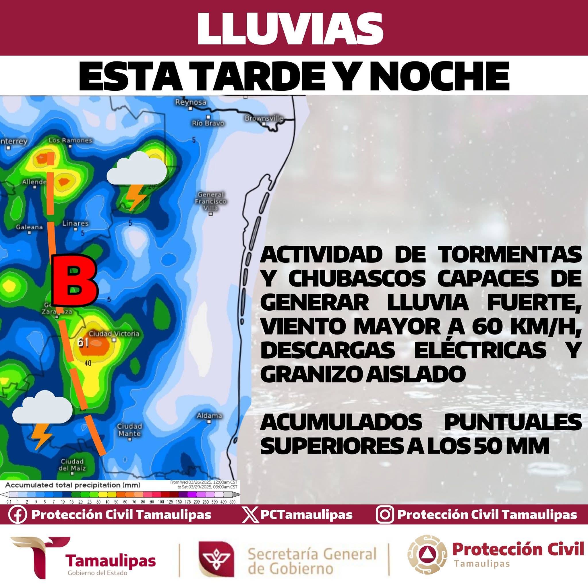 Viento, lluvia y granizo este domingo en Tamaulipas