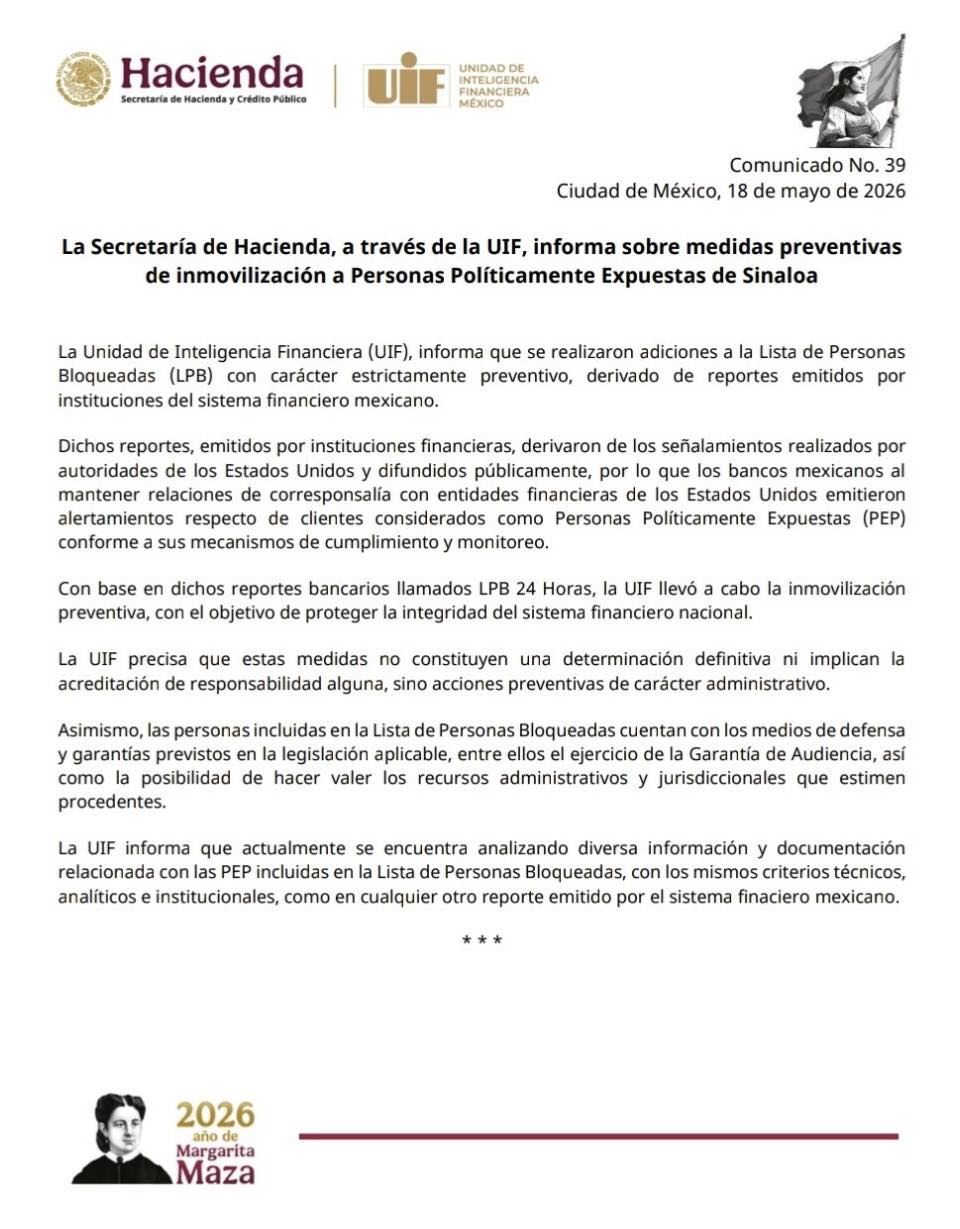 UIF bloquea cuentas de Rubén Rocha Moya y exfuncionarios de Sinaloa