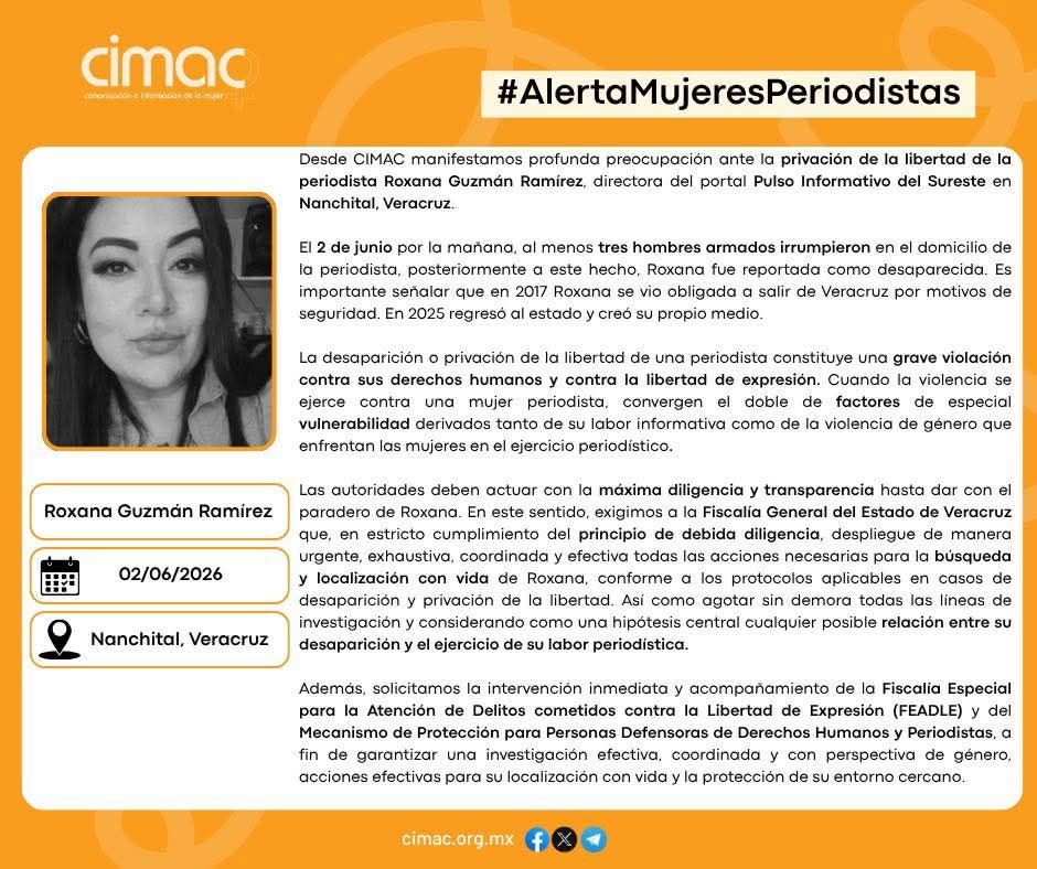 Red Nacional de Periodistas exige acciones inmediatas por desaparición de Roxana Guzmán en Veracruz