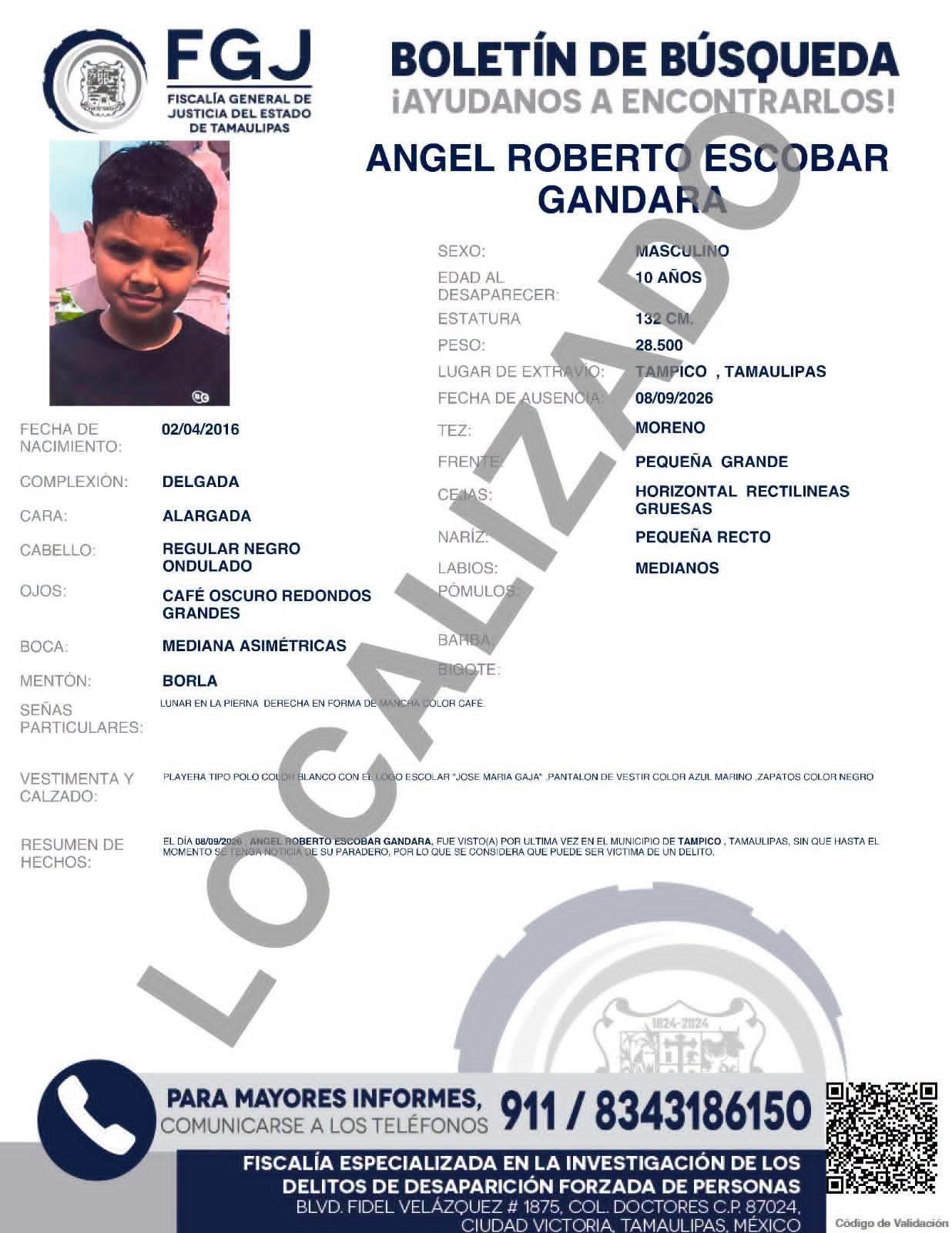 Localizan a salvo a menor de 10 años reportado como extraviado en Tampico.