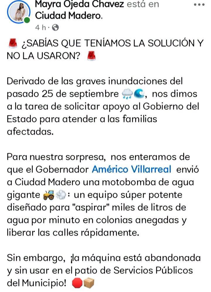 🚨 Regidora maderense denuncia que Ayuntamiento de Madero no ha movido bomba para atender inundaciones